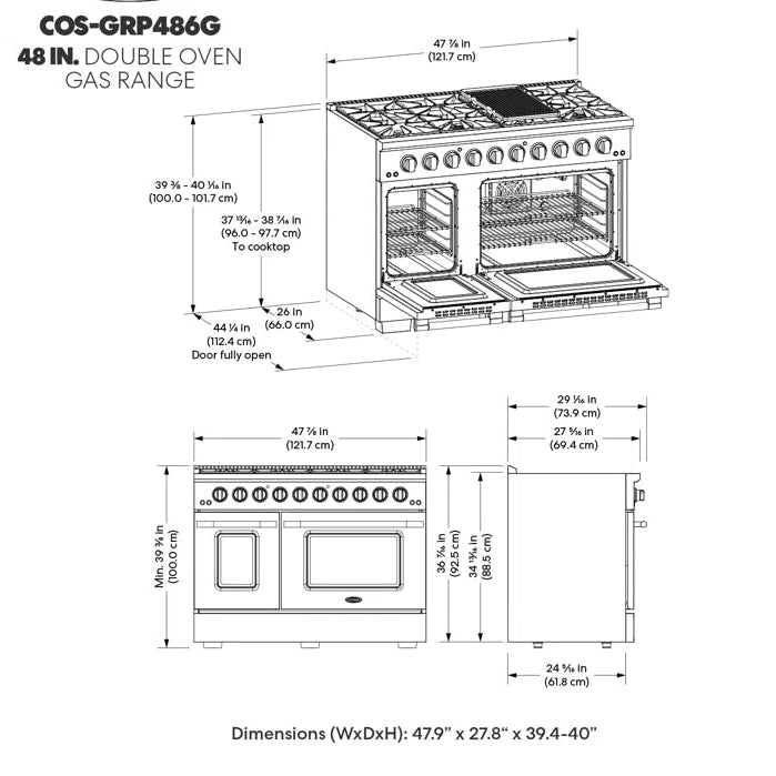 48 In. Vista Collection 6.6 Cu. Ft. Double Oven Gas Range, 8 Burners, LED Panel, Cast Iron Grates, Stainless Steel