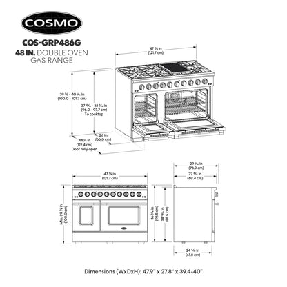 48 In. Vista Collection 6.6 Cu. Ft. Double Oven Gas Range, 8 Burners, LED Panel, Cast Iron Grates, Stainless Steel