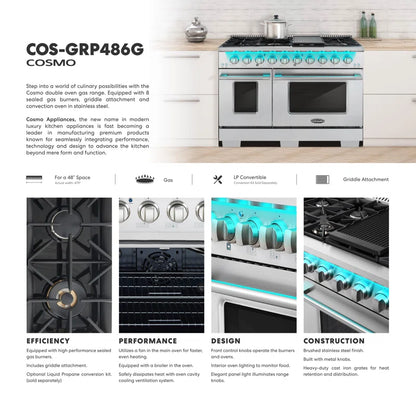 48 In. Vista Collection 6.6 Cu. Ft. Double Oven Gas Range, 8 Burners, LED Panel, Cast Iron Grates, Stainless Steel