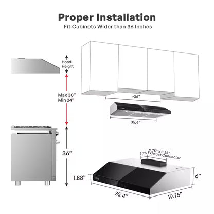 36 In. 900 CFM Ducted under Cabinet Range Hood in Stainless Steel and Black Glass with LED Lights and 2-Mesh Filters
