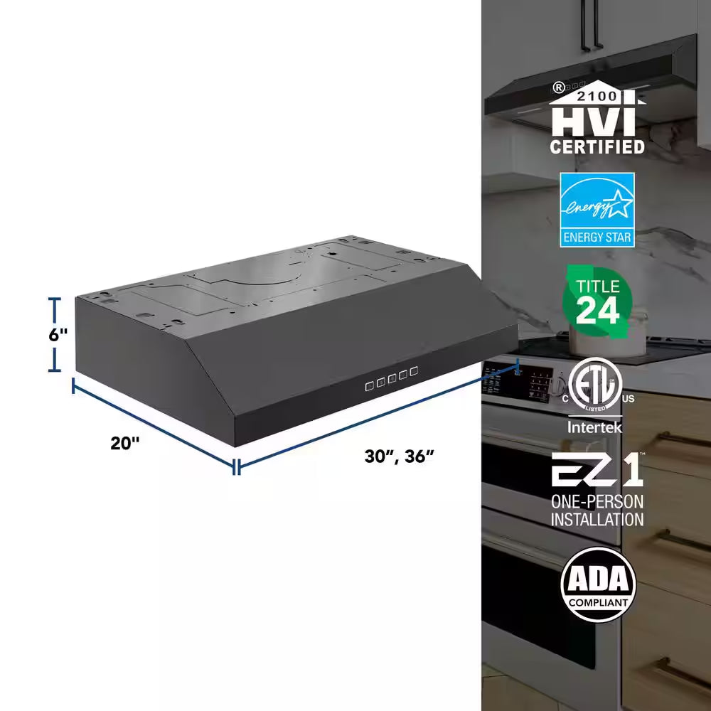 Glacier 36 In. 350 MAX Blower CFM Convertible under Cabinet 1.5 Sones Black Stainless Range Hood
