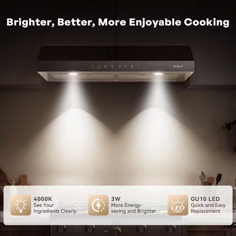 36 In. 900 CFM Ducted under Cabinet Range Hood in Stainless Steel and Black Glass with LED Lights and 2-Mesh Filters