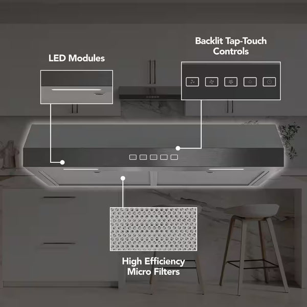 Glacier 36 In. 350 MAX Blower CFM Convertible under Cabinet 1.5 Sones Black Stainless Range Hood