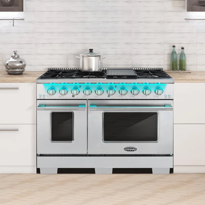 48 In. Vista Collection 6.6 Cu. Ft. Double Oven Gas Range, 8 Burners, LED Panel, Cast Iron Grates, Stainless Steel