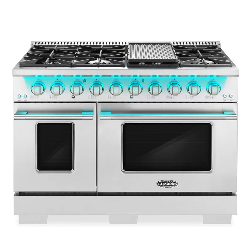 48 In. Vista Collection 6.6 Cu. Ft. Double Oven Gas Range, 8 Burners, LED Panel, Cast Iron Grates, Stainless Steel