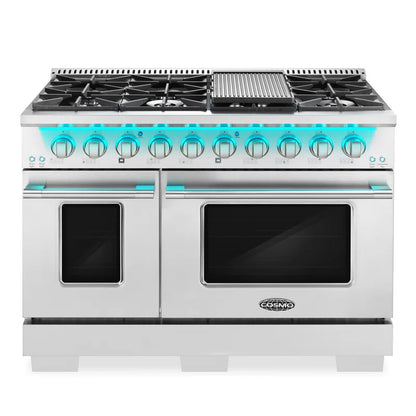 48 In. Vista Collection 6.6 Cu. Ft. Double Oven Gas Range, 8 Burners, LED Panel, Cast Iron Grates, Stainless Steel
