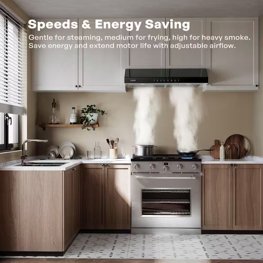 36 In. 900 CFM Ducted under Cabinet Range Hood in Stainless Steel and Black Glass with LED Lights and 2-Mesh Filters